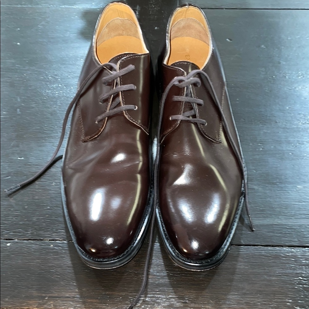 Express Brown Leather Derby Oxfords with Polished Finish